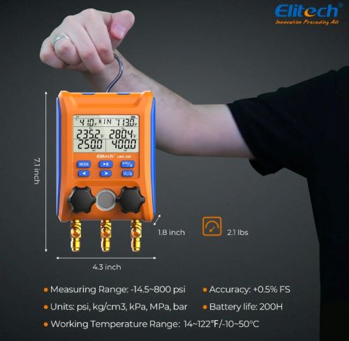 Elitech Digital Manifold Gauge 2-Way Valve AC Gauges App Control With Thermometer Clamps For HVAC Systems